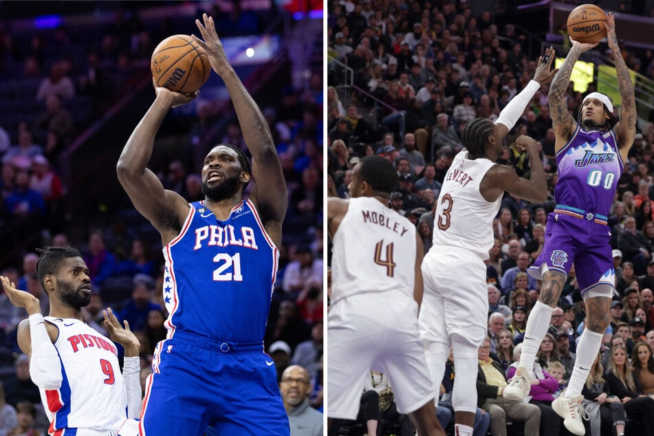 Left: Philadelphia 76ers center Joel Embiid shoots past Detroit Pistons center Nerlens Noel. Right: Utah Jazz guard Jordan Clarkson shoots an off balanced shot over Cleveland Cavaliers guard Caris LeVert.