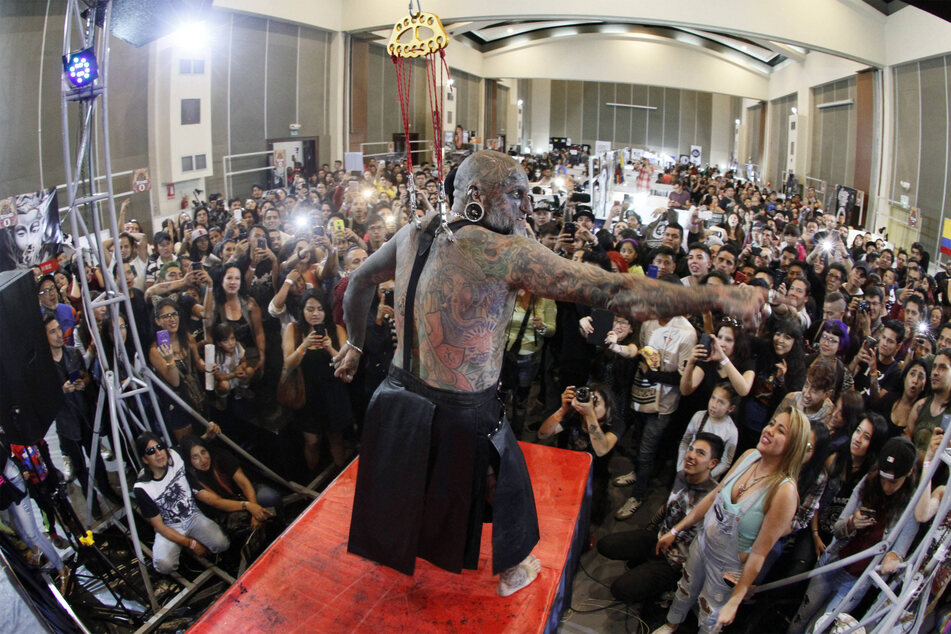 Victor Hugo Peralta practices suspension, which involves hanging from hooks pierced into his skin.