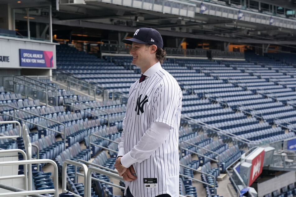 Gerrit Cole in happier times, being introduced after his high-profile signing in 2019.