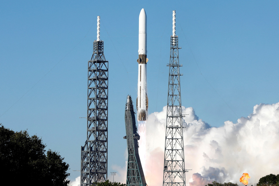 A Blue Origin New Glenn rocket launches on NASA's EscaPADE mission, which is carrying two satellites to orbit Mars, from the Cape Canaveral Space Force Station in Florida on November 13, 2025.