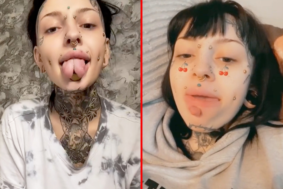 Tattoo addict pokes split tongue out of giant hole in her chin
