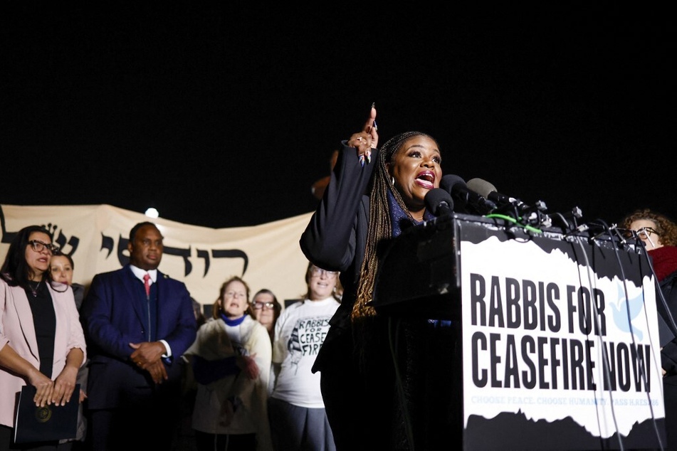 Representative Cori Bush, primary sponsor of the Ceasefire Now resolution, speaks at the rabbis news conference on Capitol Hill.