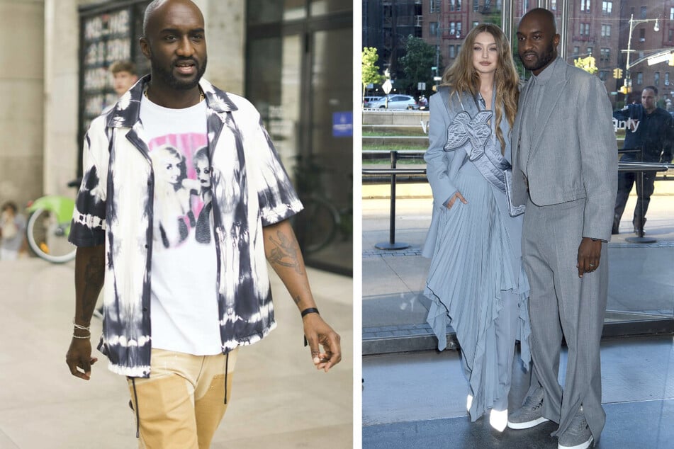 Virgil Abloh pictured in 2019 at Paris Fashion Week (l.) and with model Gigi Hadid at an event at the Brooklyn Museum.