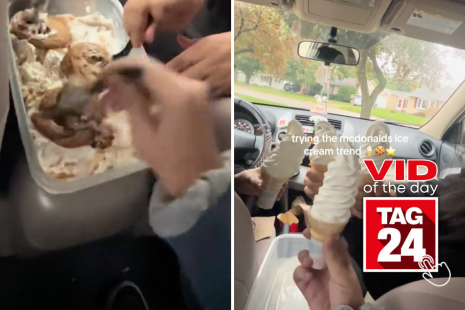 Viral Video of the Day for November 13, 2023: Girls try out viral McDonalds ice cream dessert smash hack!