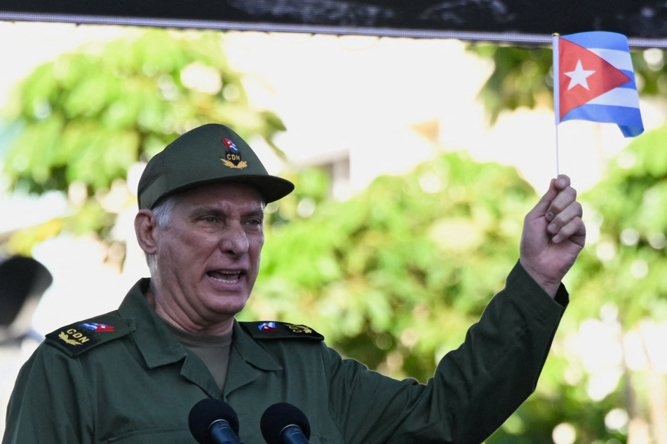 President Miguel Diaz-Canel speaks during a ceremony to mark the 65th anniversary of the declaration of the socialist character of the Cuban Revolution in Havana on April 16, 2026.