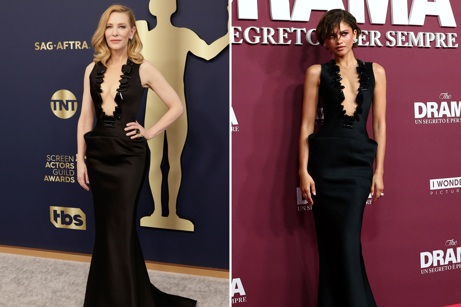 Cate Blanchett (l.) debuted the Armani Prive number in 2022 before Zendaya borrowed it from her collection.