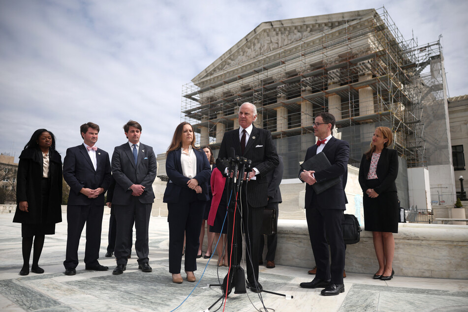 South Carolina Gov. Henry McMaster (c.) speaks during a press conference outside the U.S. Supreme Court as oral arguments are delivered in the case of Medina v. Planned Parenthood South Atlantic on Wednesday in Washington DC.