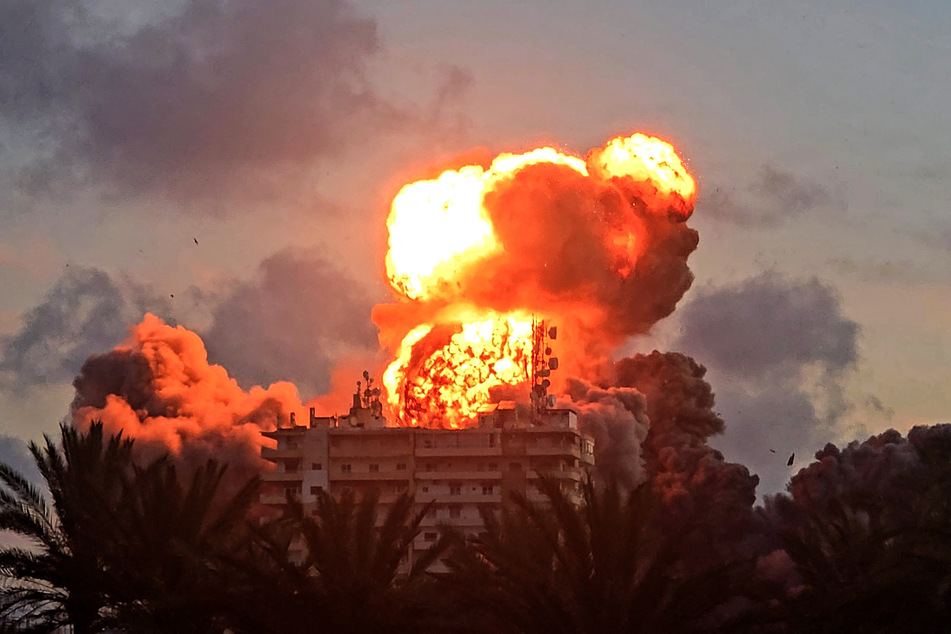 A fireball erupts from a building following an Israeli strike in Tyre, southern Lebanon, on May 28, 2026.