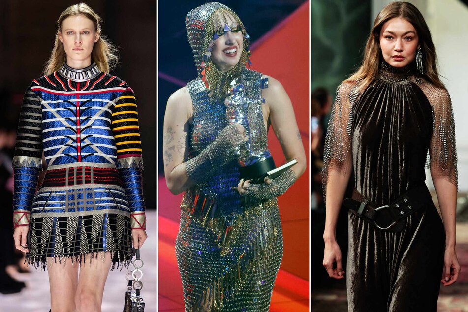 Gigi Hadid (r) wore chainmail for Ralph Lauren at NY Fashion Week, Chappell Roan (c) rocked the look at the 2024 VMAs, and Louis Vuitton's 2026 French cruise collection (l) showed armor-inspired lines.