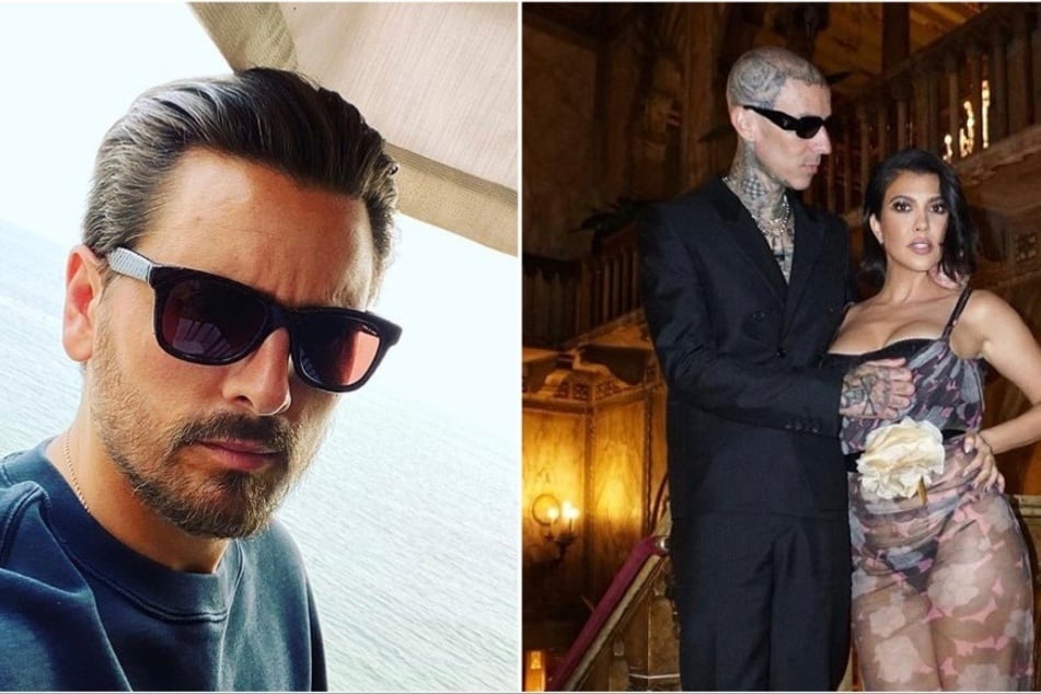 On Tuesday, Younes Bendjima shared alleged messages from Scott Disick (l) slamming Kourtney Kardashian's (r) romance with Travis Barker (m).
