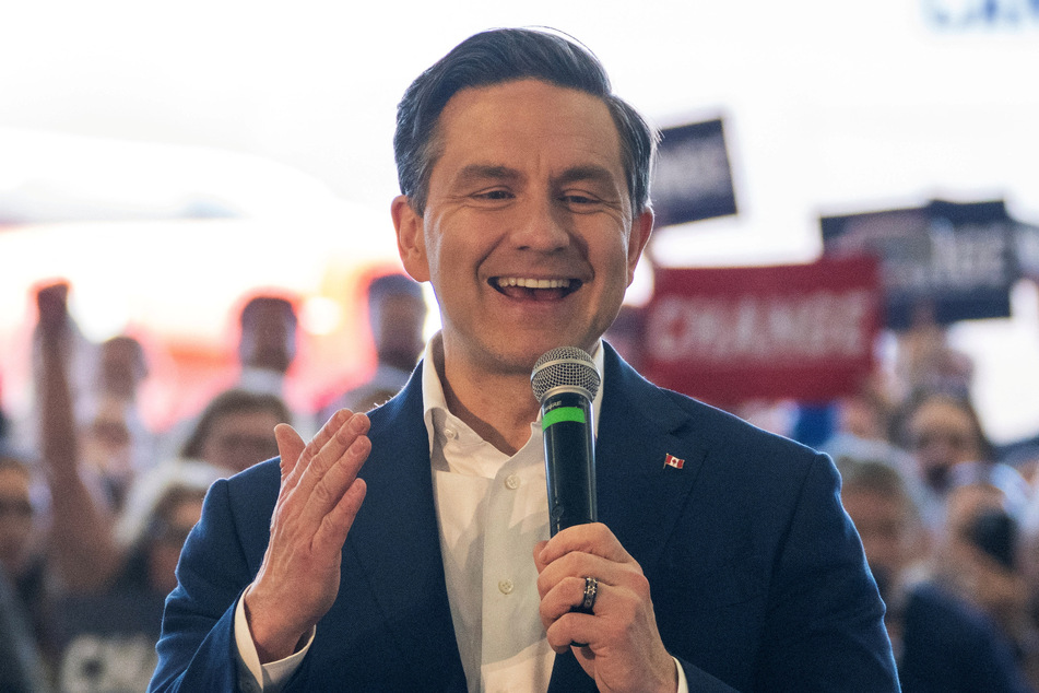 Pierre Poilievre, leader of the Conservative Party of Canada, addresses supporters at a rally in Calgary on April 25, 2025.