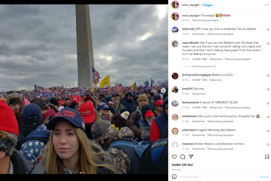 A screenshot of the photo posted by Roice McCollum, showing her at the scene of the Trump rally that led to the January 6 Capitol attack.