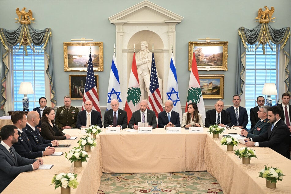 Israel's Ambassador to the US Yechiel Leiter, State Department Chief of Staff Daniel Holler, US Ambassador to Lebanon Michel Issa, and Lebanese Ambassador to the US Nada Hamadeh attend a meeting between Israeli and Lebanese delegations hosted at the State Department in Washington DC on June 3, 2026.