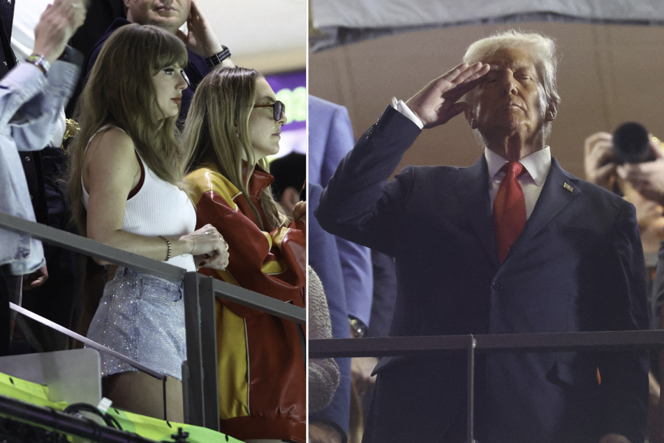 Taylor Swift (l.) and President Donald Trump (r.) are pictured attending Super Bowl LIX at Caesars Superdome in New Orleans, Louisiana.
