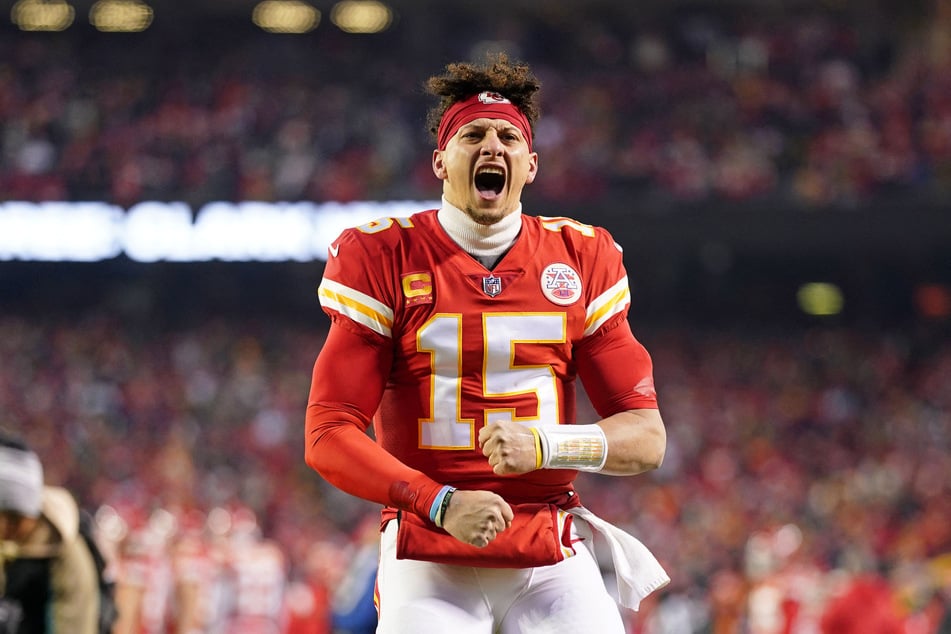 Kansas City Chiefs quarterback Patrick Mahomes reacts before the AFC Championship game against the Cincinnati Bengals at GEHA Field at Arrowhead Stadium.