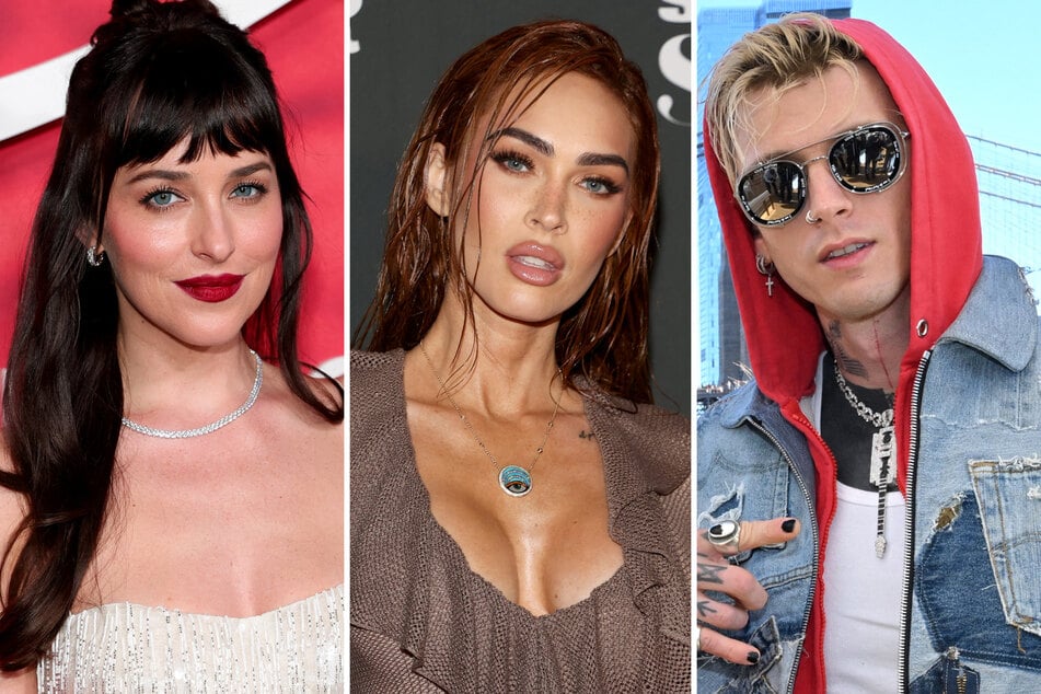 Megan Fox (c.) is said to be "unbothered" by her ex Machine Gun Kelly's (r.) new romance with Dakota Johnson.