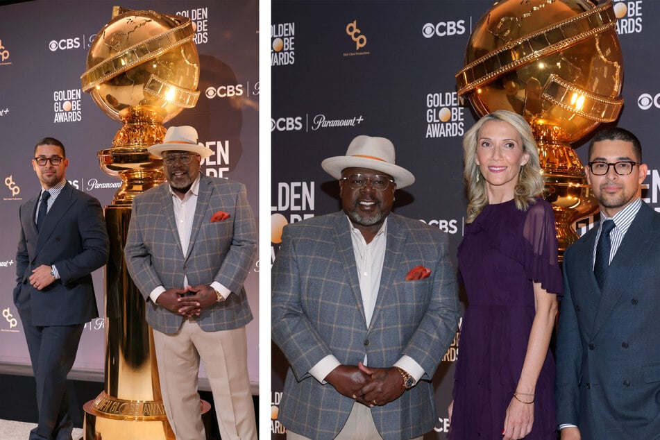Cedric "The Entertainer" Kyles (c.), Helen Hoehne (second from r.), and Wilmer Valderrama (r.) at the 81st annual Golden Globe Award nominations announcement in Beverly Hills, California on Monday.