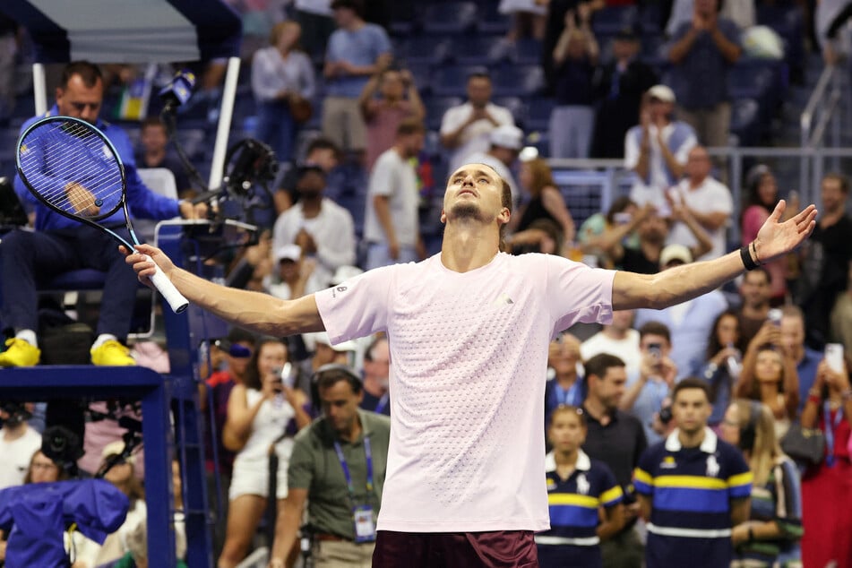 Germany's Alexander Zverev celebrates after winning his US Open first round match against Italy's Lorenzo Sonego (not pictured).