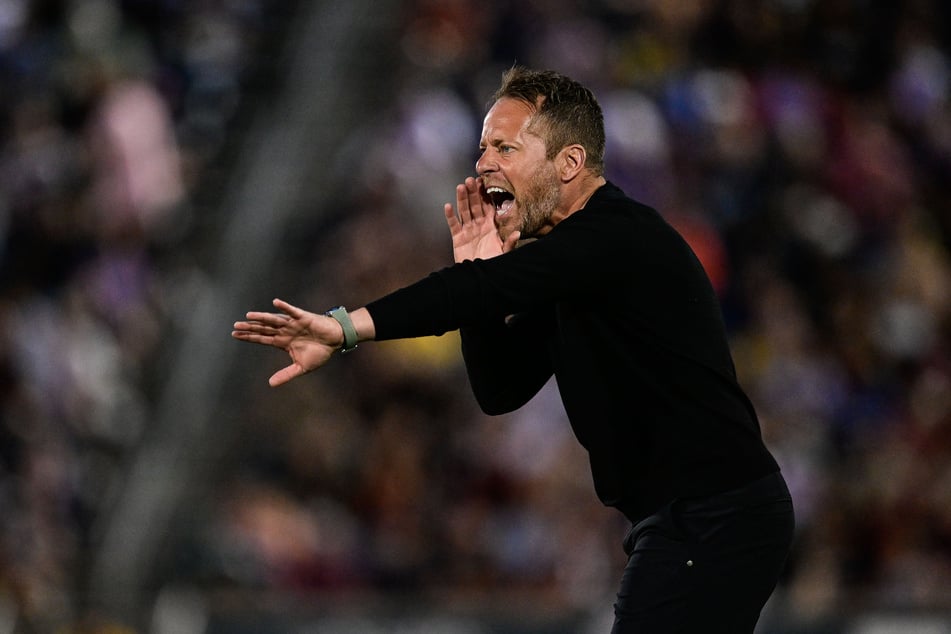 Marc Dos Santos of Los Angeles FC yells to players during a match against the Colorado Rapids at Dick's Sporting Goods Park on August 19, 2026. LAFC announced they have fired him as head coach.