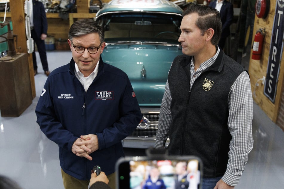 House Speaker Mike Johnson (l.) and Republican congressional candidate Matt Van Epps speak to press during a get out the vote event in Franklin, Tennessee, on December 1, 2025.