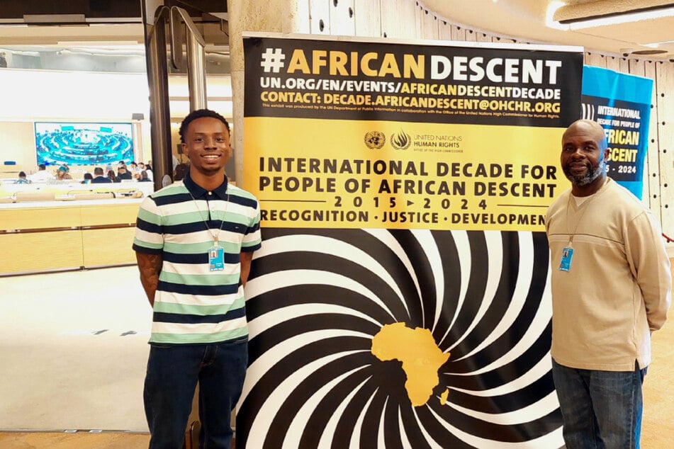 CJ (l.) and his father, Cory Jones, attend the third session of the United Nations Permanent Forum on People of African Descent in Geneva, Switzerland.