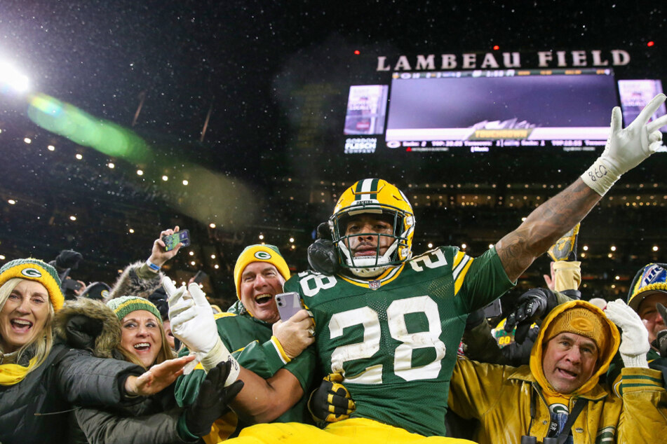 Green Bay Packers running back A.J. Dillon celebrates a touchdown during a game against the Seattle Seahawks at Lambeau Field in Green Bay, Wisconsin on Sunday.