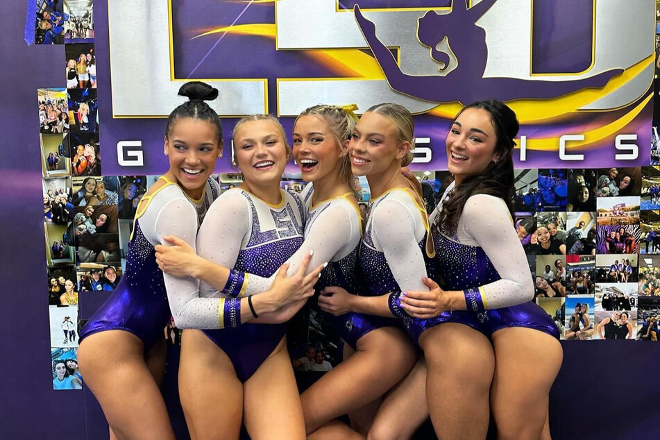 Fans were ecstatic over Olivia Dunne's (c.) Senior Night, which ended with a perfect 10 on the balance beam.