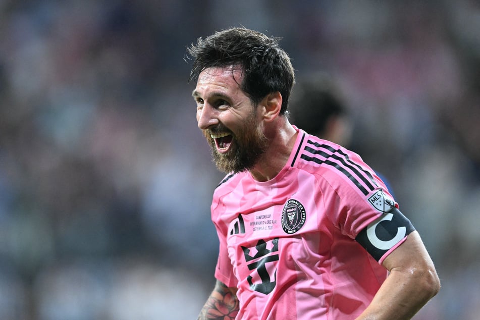 Inter Miami forward Lionel Messi celebrates scoring his team's first goal – his 100th for the club – during the Campeones Cup final against Mexico's Cruz Azul at Nu Stadium on September 16, 2026.