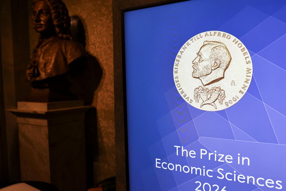 The sign for the Nobel Prize in Economic Sciences is pictured at the Royal Swedish Academy of Sciences in Stockholm.
