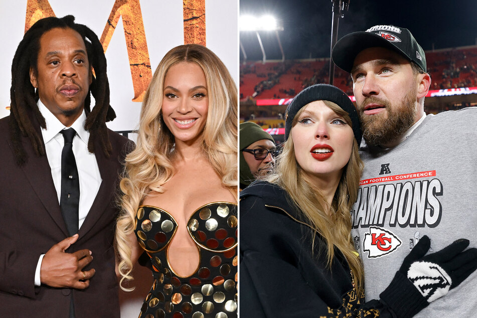 Taylor Swift (center r.) and Travis Kelce (r.) managed to fly under the radar and quietly attend Beyoncé (center l.) and Jay-Z's star-studded Oscars afterparty on Sunday.