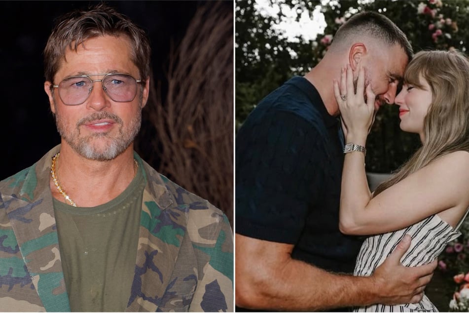 Brad Pitt (l) called Taylor Swift (r) and Travis Kelce's Madison Square Garden nuptials the "wedding of the century."