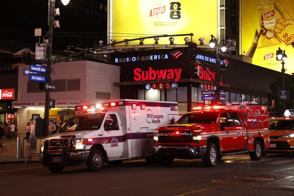 Emergency vehicles are seen outside Penn Station after a stabbing incident in New York on June 7, 2026.