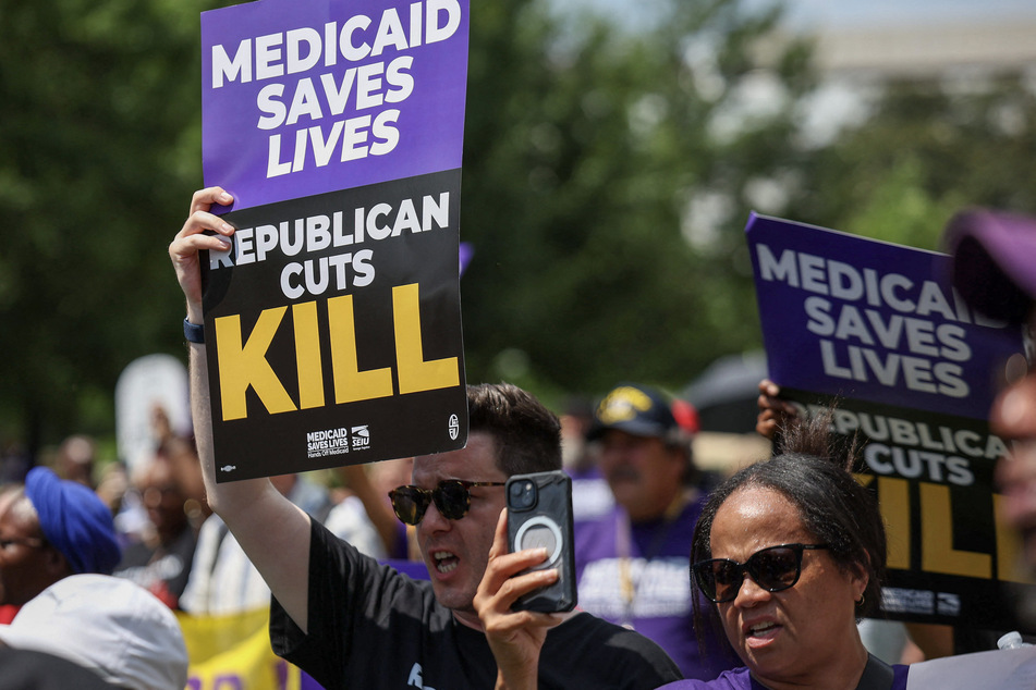 Care workers with the Service Employees International Union rally against Medicaid cuts outside the US Capitol on June 26, 2025.