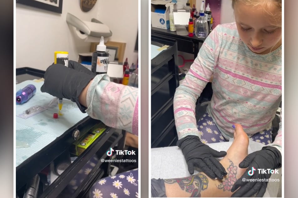 Scarlett prepping to do her mom's new tattoo.
