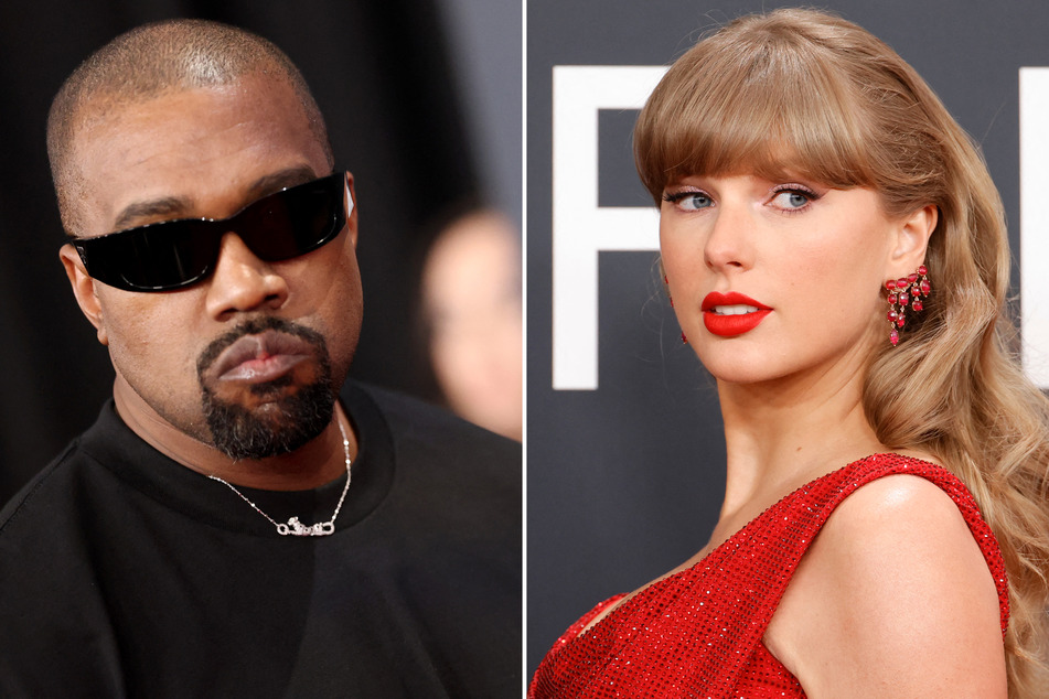 Kanye West (l.) hurled a new attack at Taylor Swift in a recent X post, where he blamed the singer for his never being invited to perform at the Super Bowl.