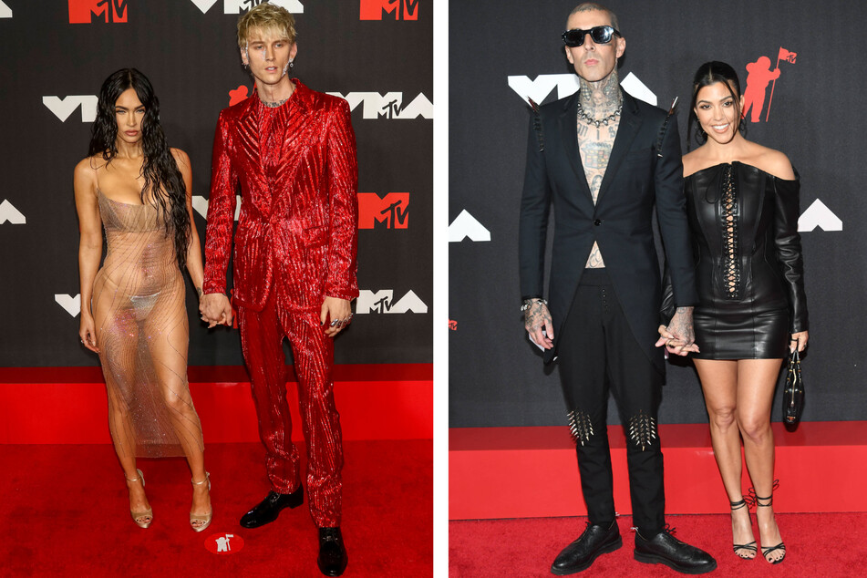 Megan Fox (l.) and Kourtney Kardashian (r.) introduced their respective partners Machine Gun Kelly (second to l.) and Travis Barker.