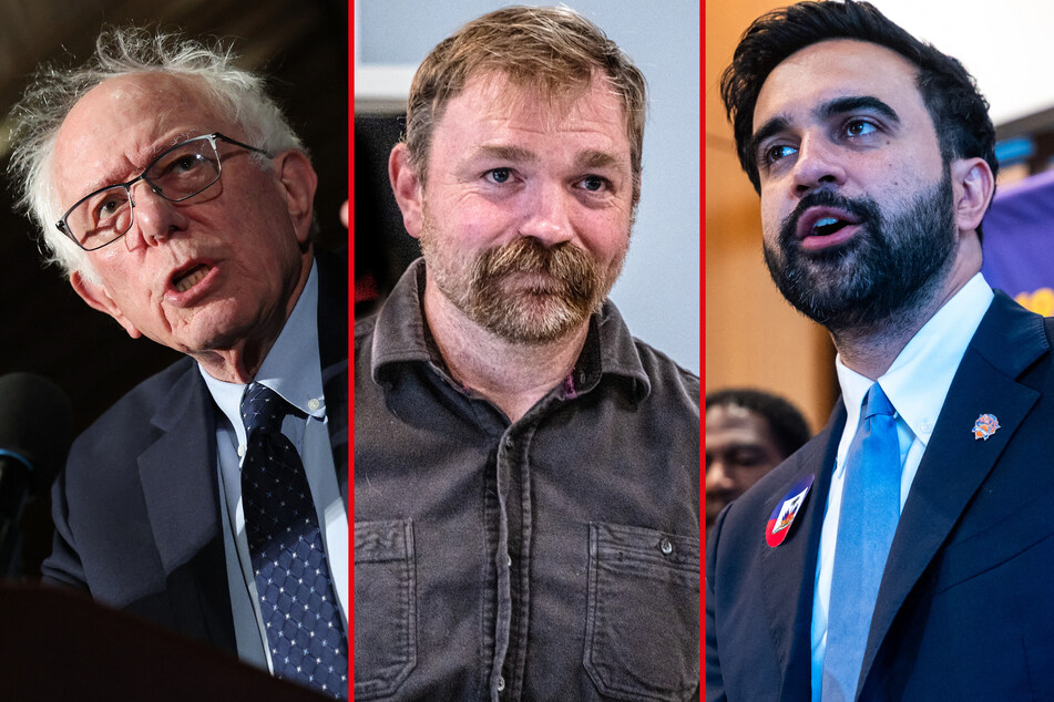 Maine Senate candidate Graham Platner (m) was asked to step aside by Vermont Senator Bernie Sanders (l) and New York Mayor Zohran Mamdani (r).