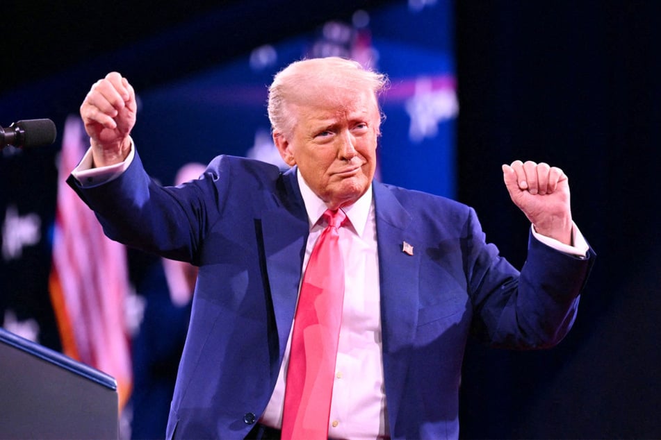 President Donald Trump dances after speaking at the annual Conservative Political Action Conference in February 2025.