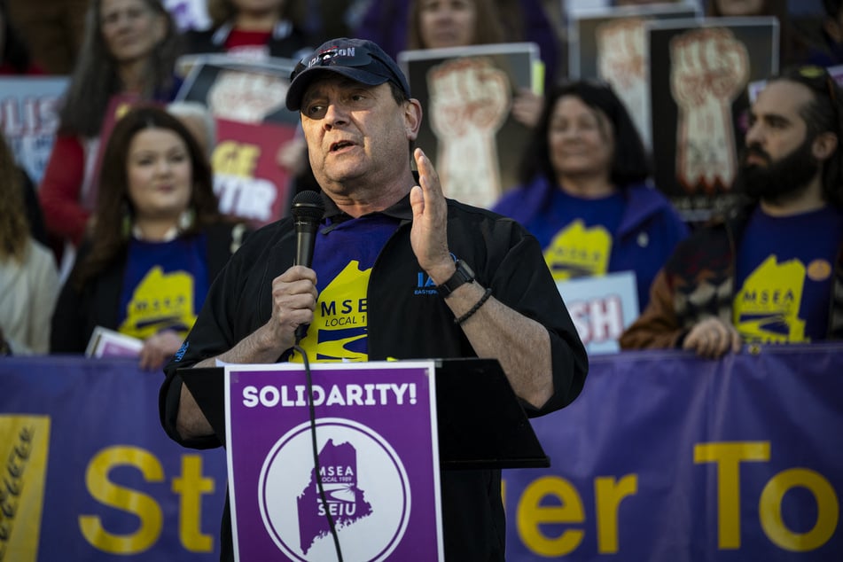 Maine gubernatorial candidate Troy Jackson speaks during a May Day rally organized by local unions on May 1, 2026, outside the City Hall in Portland.