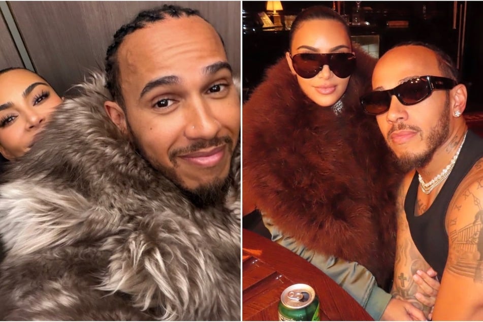 Kim Kardashian cozied up next to her boyfriend, Lewis Hamilton (r), in new photos that she posted on Sunday.