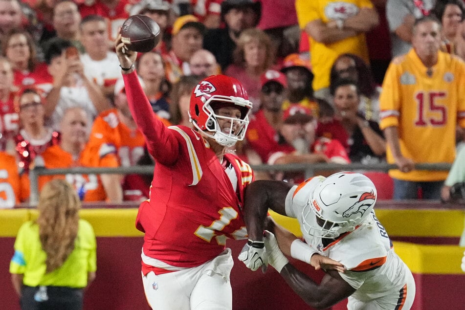 Kansas City Chiefs quarterback Patrick Mahomes throws a pass against the Denver Broncos at GEHA Field at Arrowhead Stadium.