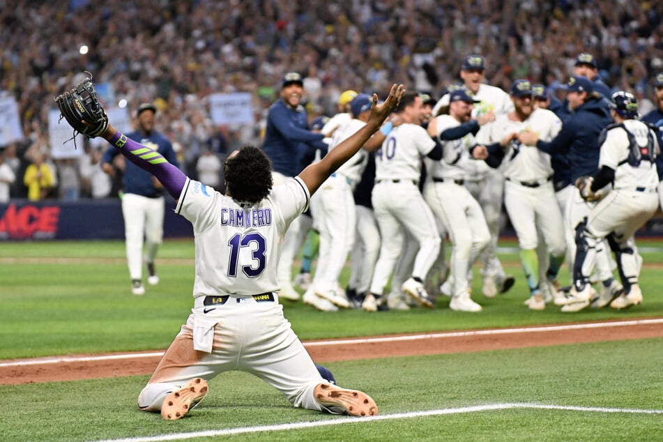 Tampa Bay Rays third baseman Junior Caminero celebrates after defeating the Cleveland Guardians in game six of the ALCS to reach the World Series.