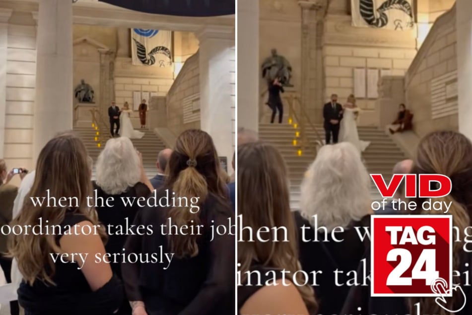 A wedding coordinator's dramatic stair slide is going viral for all the right reasons.