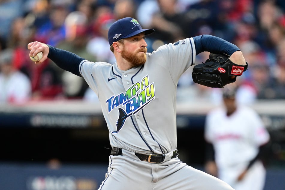 Tampa Bay Rays pitcher Drew Rasmussen throws a pitch against the Cleveland Guardians in the second inning of game five of the ALCS at Progressive Field.