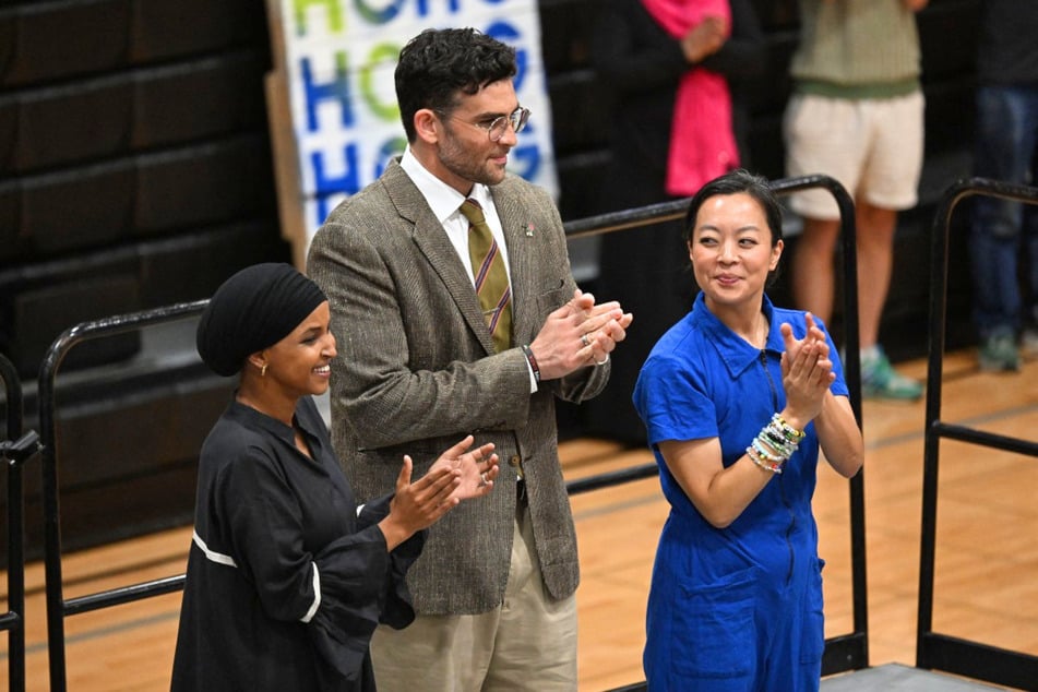 Representative Ilhan Omar (l) and left-wing political commentator Hasan Piker (c) joined Francesca Hong on the campaign trail.
