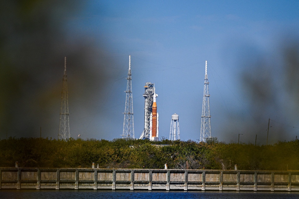 The Space Launch System rocket and the Orion spacecraft, integrated for the Artemis II mission, are seen at Launch Pad 39B at the Kennedy Space Center in Cape Canaveral, Florida, on February 3, 2026.