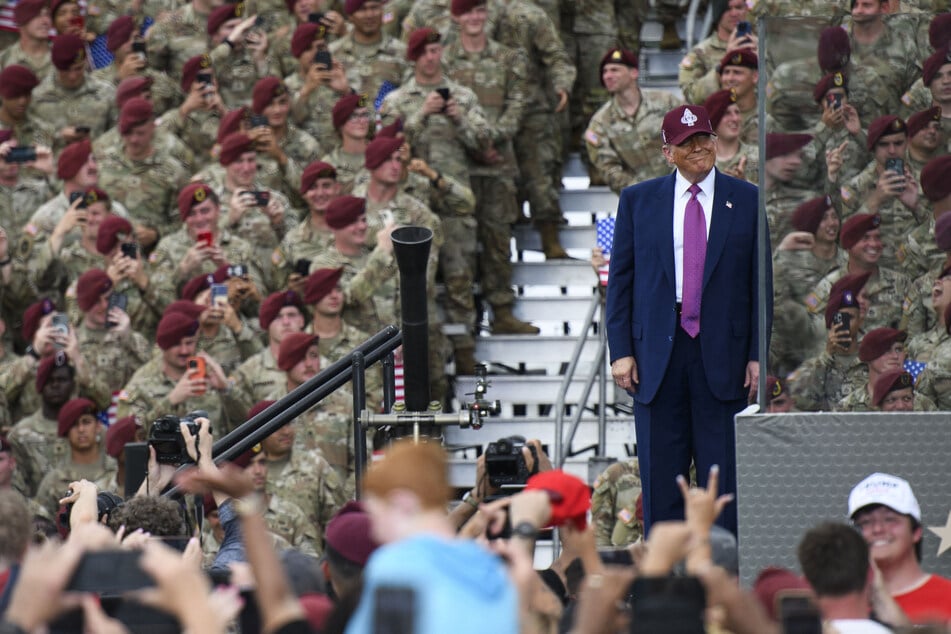President Donald Trump on stage during a celebration to honor the 250th anniversary of the US Army on June 10, 2025, in Fort Bragg, North Carolina.