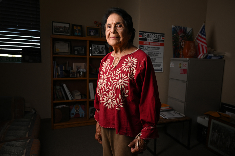 Dolores Huerta, co-founder of the United Farm Workers of America labor union, poses for a portrait in her office in Bakersfield, California.