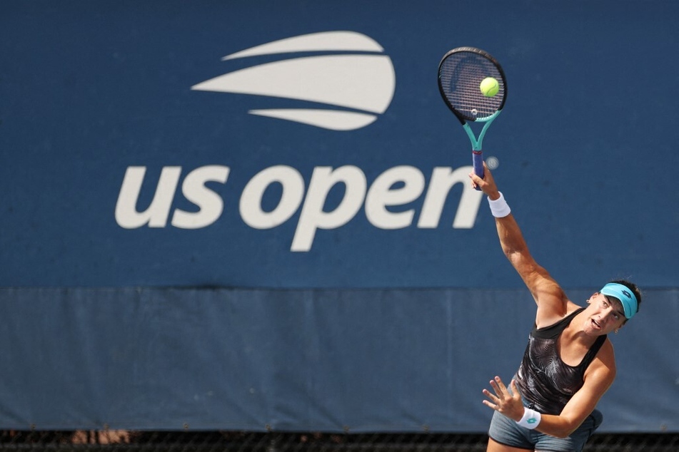 Danka Kovinic of Montenegro serves during a practice session before the start of the 2022 US Open.