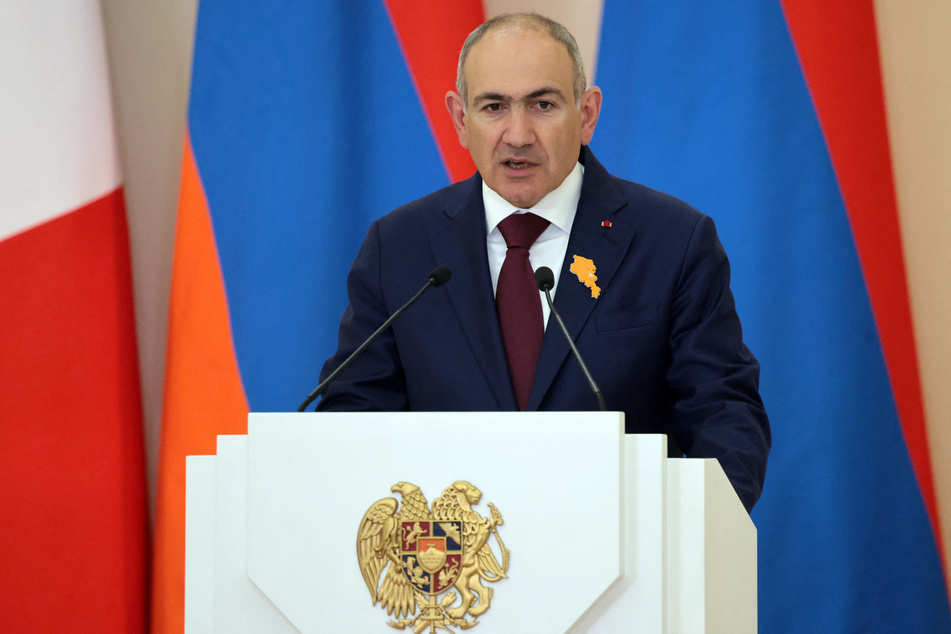 Armenia's Prime Minister Nikol Pashinyan gives a speech during the talks with France's president in Yerevan on May 5, 2026.